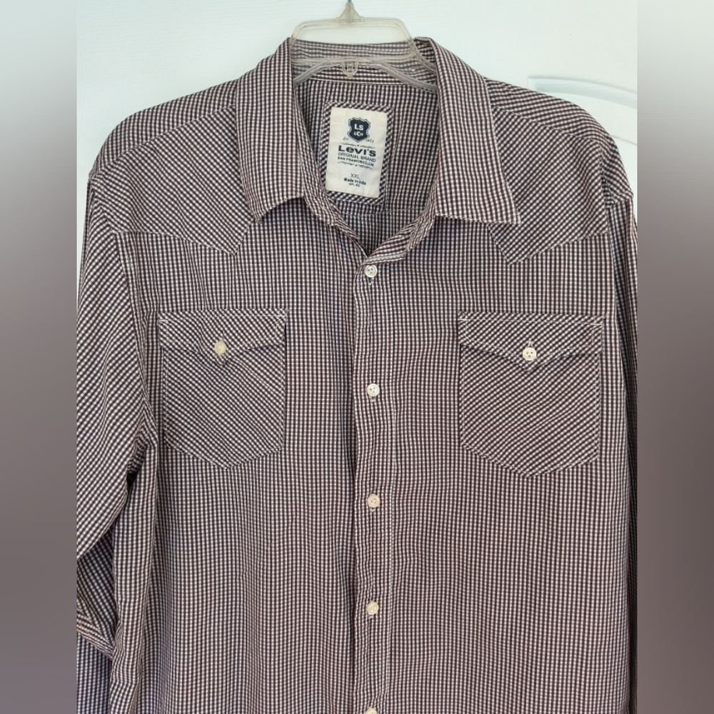 Levi's Shirt Men's XXL Brown& White Check Western 100% Cotton Long Sleeve